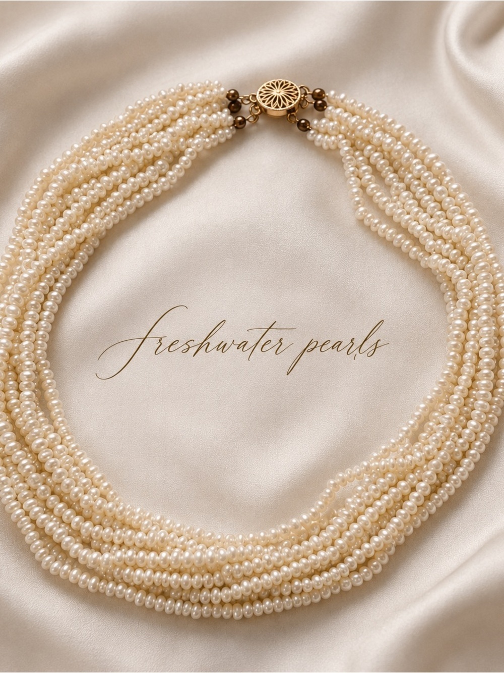 Vintage Multi-Strand Freshwater Pearl Necklace - Cream Pearls with Gold Clasp